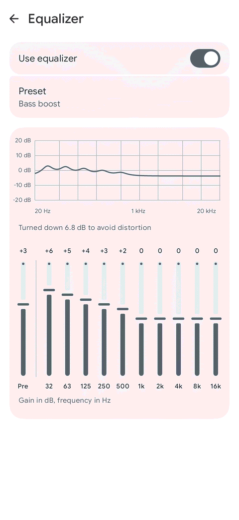 The equalizer on Android: the Bass boost preset on a frequency curve above ten band sliders
