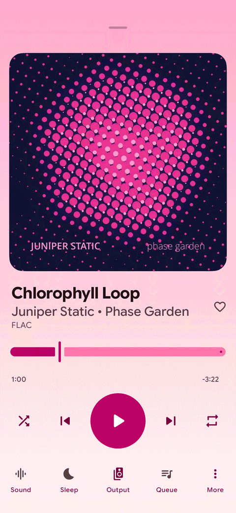 Shuttle Music on Android: Now Playing, tinted pink to match the album cover