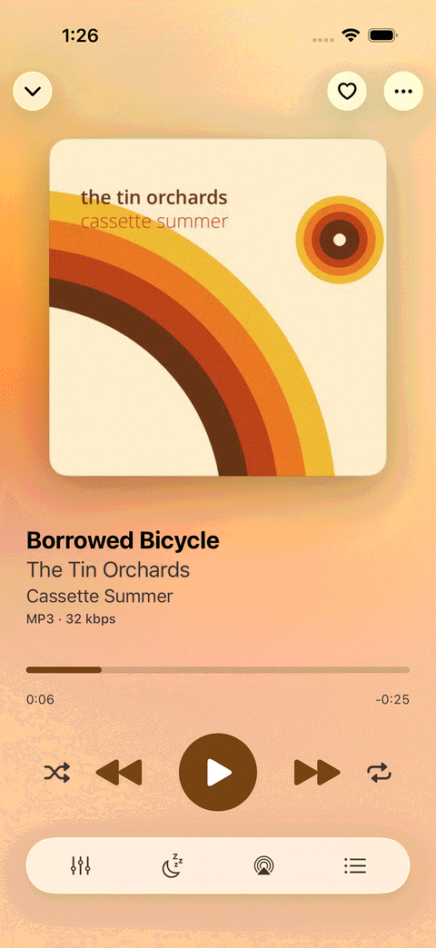 Now Playing on iPhone in warm orange taken from the album cover, with the song's format and bitrate under the title